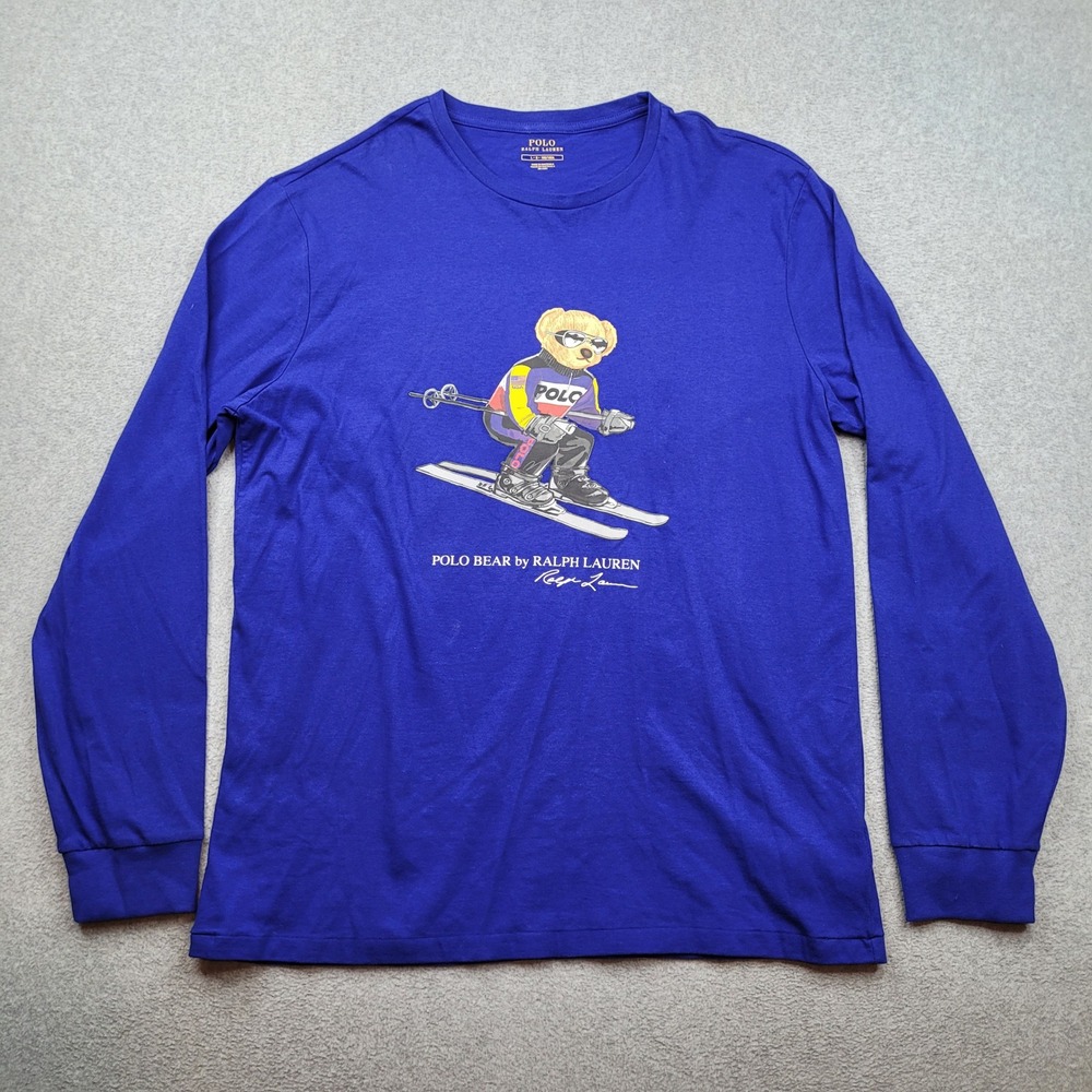 Polo Ralph Lauren Long Sleeve T-Shirt Mens Large Royal Blue Skiing Polo Bear